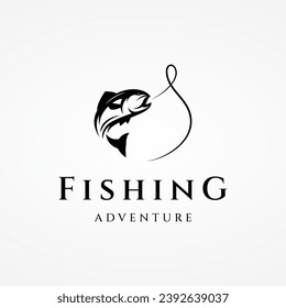 Fishing club logo with angler and creative jumping fish.