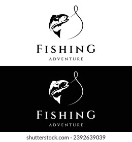 Fishing club logo with angler and creative jumping fish.