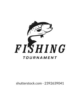 Fishing club logo with angler and creative jumping fish.