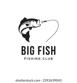 Fishing club logo with angler and creative jumping fish.