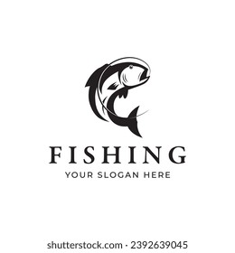 Fishing club logo with angler and creative jumping fish.