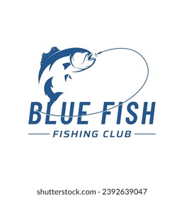 Fishing club logo with angler and creative jumping fish.