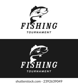 Fishing club logo with angler and creative jumping fish.