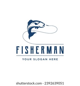 Fishing club logo with angler and creative jumping fish.