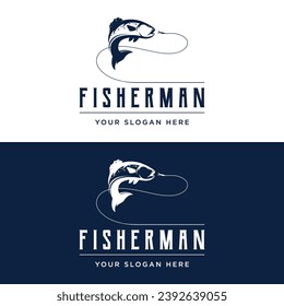 Fishing club logo with angler and creative jumping fish.