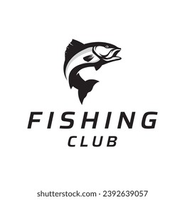 Fishing club logo with angler and creative jumping fish.