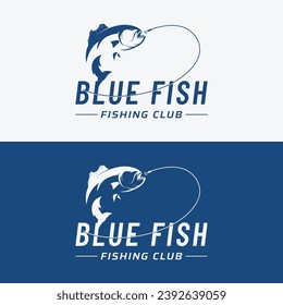 Fishing club logo with angler and creative jumping fish.