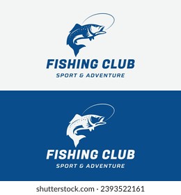 Fishing club logo with angler and creative jumping fish.