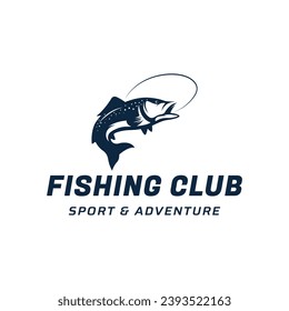 Fishing club logo with angler and creative jumping fish.