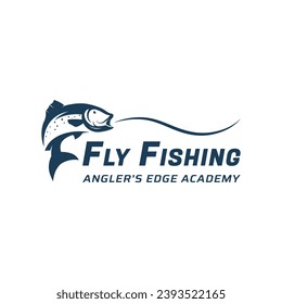 Fishing club logo with angler and creative jumping fish.