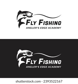 Fishing club logo with angler and creative jumping fish.