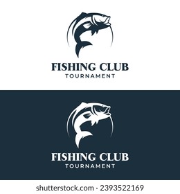 Fishing club logo with angler and creative jumping fish.