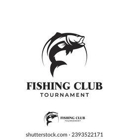 Fishing club logo with angler and creative jumping fish.