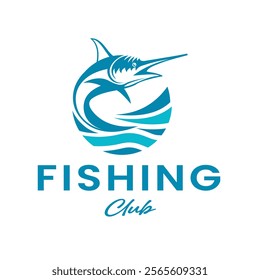 Fishing Club Logo with Marlin Fish and Wave Design Vector Illustration