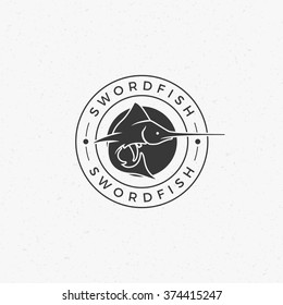 Fishing Club Logo Template. Fish Silhouette Isolated On White Background. Vector object for Labels, Badges, Logos. Fish Logo, Fisher Logo, Fish Silhouette, Swordfish logo.
