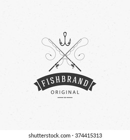 Fishing Club Logo Template. Two Fish and Hook Silhouette Isolated On White Background. Vector object for Labels, Badges, Logos. Fishing Rod Logo, Hook Logo, Hook Silhouette.