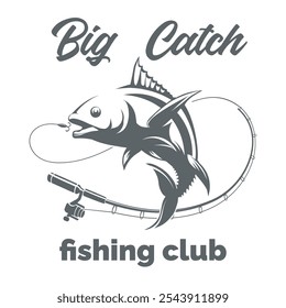 Emblema monocromático do clube de pesca. Saltando peixe e haste com gancho solto isca cadeia isolada vetor ilustração