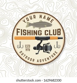 Fishing club patch. Vector illustration. Concept for shirt or logo, print, stamp, tee, sticker, patch. Vintage typography design with fish rod silhouette.