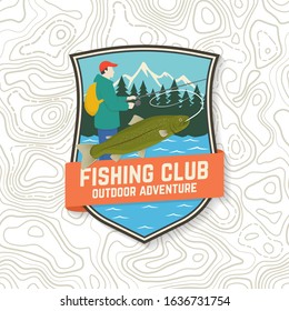 Fishing club patch. Vector illustration. Concept for shirt or logo, print, stamp, tee, patch. Vintage typography design with Fisherman, river and mountain silhouette.