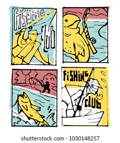 Fishing club poster illustration set. Comic style.