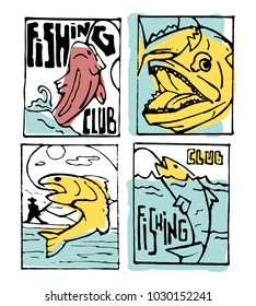 Fishing club poster illustration set. Comic style.