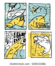 Fishing club poster illustration set. Comic style.
