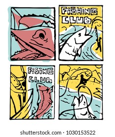 Fishing club poster illustration set. Comic style.