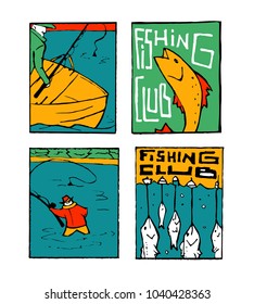 Fishing club poster illustration set. Comic style.