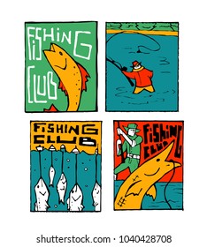 Fishing club poster illustration set. Comic style.