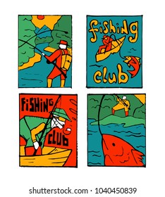 Fishing club poster illustration set. Comic style.