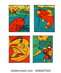 Fishing club poster illustration set. Comic style.