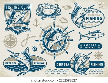 Fishing club set logotypes colorful with decorations for companies from seafood industry with fish and shellfish or crab vector illustration