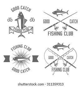 Fishing club set of vector vintage black labels, badges, emblems isolated on white background