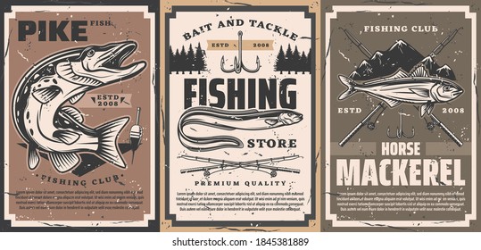 Fishing club and tackle shop poster. Northern pike with open maw, sea or river eel and atlantic horse mackerel, rods, treble fishhook and float vector. Fishing equipment store retro banner