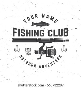 Fishing club. Vector illustration. Concept for shirt or logo, print, stamp or tee. Vintage typography design with fish rod silhouette.