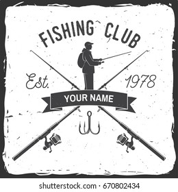 Fishing club. Vector illustration. Concept for shirt or logo, print, stamp or tee. Vintage typography design with fish rod silhouette.