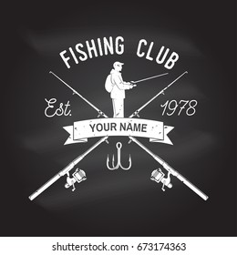 Fishing club. Vector illustration. Concept for shirt or logo, print, stamp or tee. Vintage typography design with fish rod silhouette on the chalkboard.