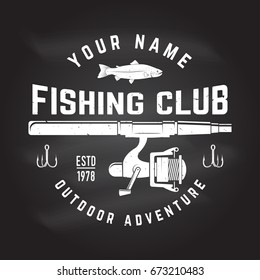 Fishing club. Vector illustration. Concept for shirt or logo, print, stamp or tee. Vintage typography design with fish rod silhouette.