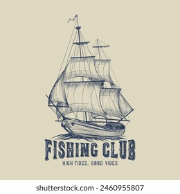 Fishing Club. vintage emblem with old scandinavian drakkar ship. vector art summer beach, relax, surf, guitar with Miami beach Florida, Long beach, summer vibes hand draw, summer slogan with beach