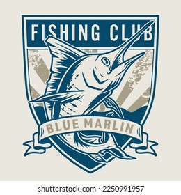 Etiqueta vintage del club de pesca colorida con marlín azul del Atlántico capturado para abastecerse en el restaurante de pescado o en la tienda de mariscos ilustración vectorial