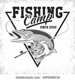 Fishing club vintage logo design, emblem of the pike fishermen, grange print stamps, fisher typography emblem, Vector