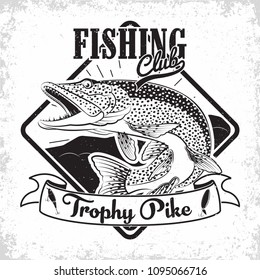 Fishing club vintage logo design, emblem of the pike fishermen, grange print stamps, fisher typography emblem, Vector