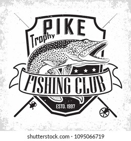 Fishing club vintage logo design, emblem of the pike fishermen, grange print stamps, fisher typography emblem, Vector