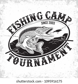Fishing club vintage logo design, emblem of the pike fishermen, grange print stamps, fisher typography emblem, Vector