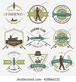 Fishing clubs colorful emblems with man in hat reel hooks rods boat salmon inscriptions isolated vector illustration