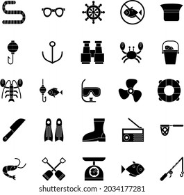 Fishing collection black and white flat icons vector