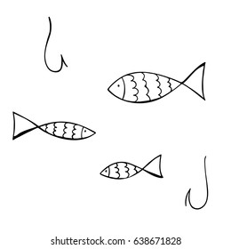 Fishing. Collection of fish and fishing hooks. Vector illustration.