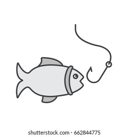 Fishing color icon. Fish with hook. Isolated vector illustration