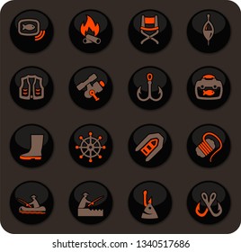 Fishing color vector icons on dark background for user interface design