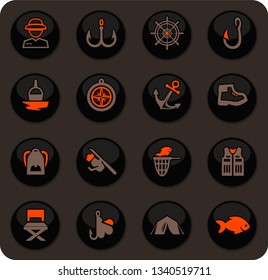 Fishing color vector icons on dark background for user interface design